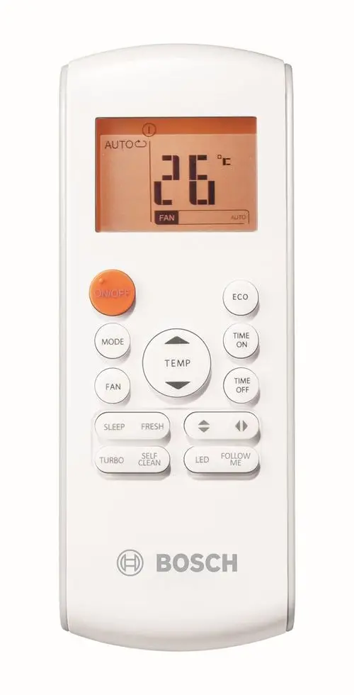 Weißer Infrarot-Raumcontroller mit Display, Tasten für Temperatur, Modi, Timer und weitere Funktionen, Marke Bosch.